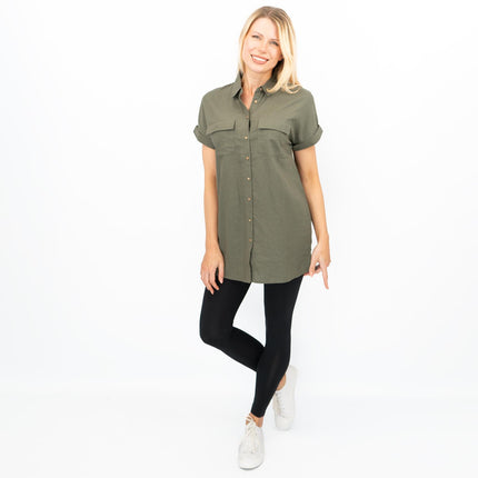 Womens Linen Tunic Khaki Green Short Sleeve Shirts-Quality Brands Outlet-