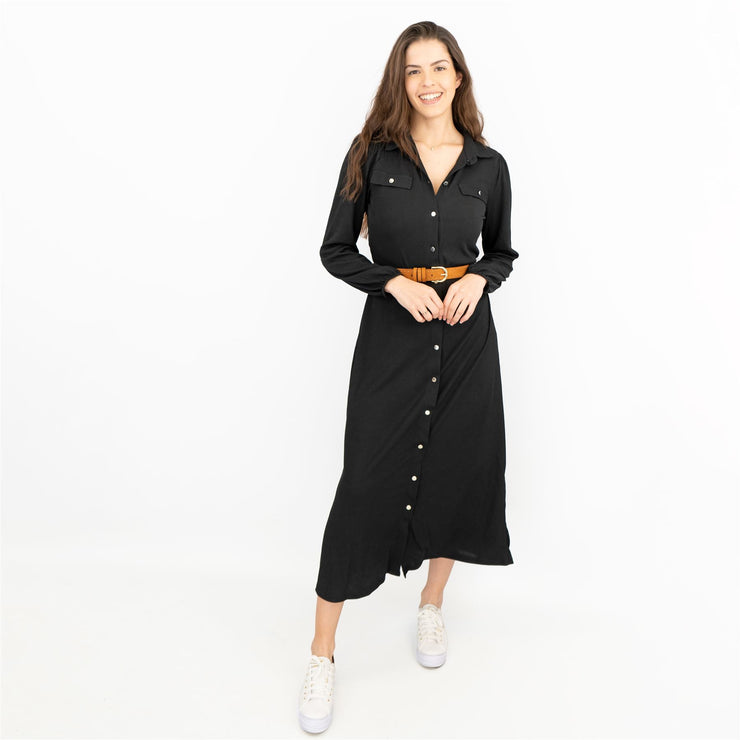 Lightweight Black Midi Shirt Dress - Stylish Ribbed Design Quality Brands Outlet Lightweight Black Midi Shirt Dress - Stylish Ribbed Design Quality Brands Outlet