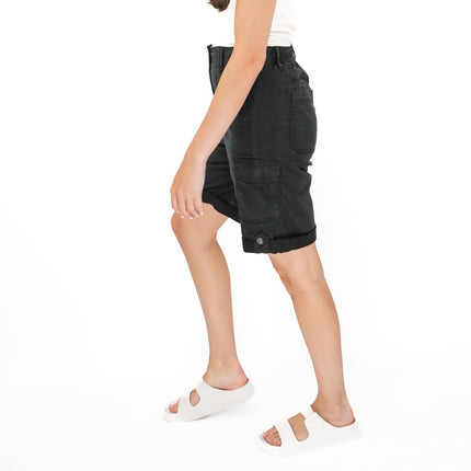 M&S Cargo Shorts Elastic Waist Cotton Lyocell Black Turn Up - Quality Brands Outlet