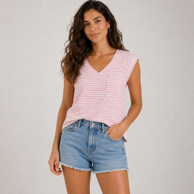 White Stuff Red Iris Linen T-Shirt V-Neck Short Sleeve - Quality Brands Outlet