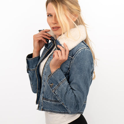 Mango Womens Shearling Denim Jacket - Quality Brands Outlet
