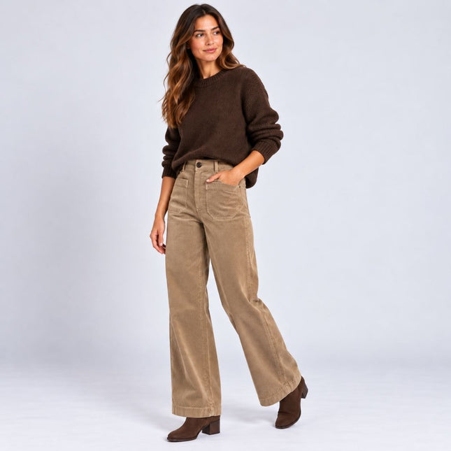 Womens Wide Leg Cord Trousers - Fawn Beige-Quality Brands Outlet-