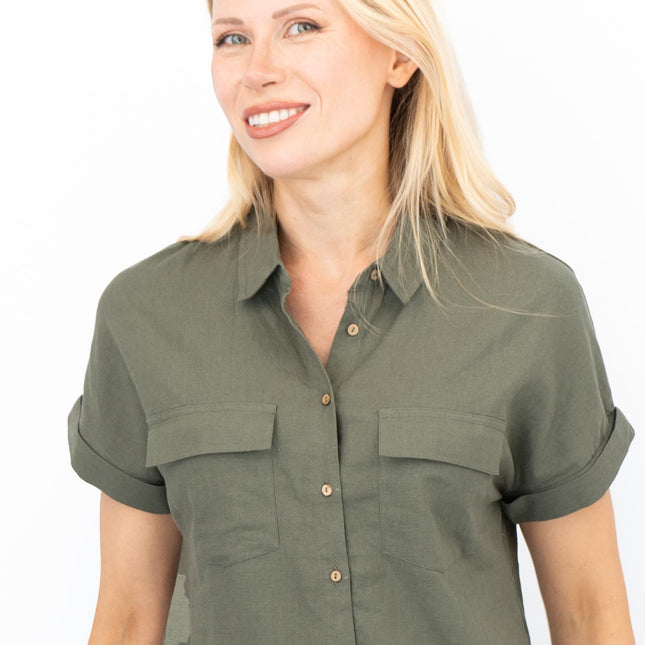 Womens Linen Tunic Khaki Green Short Sleeve Shirts-Quality Brands Outlet-
