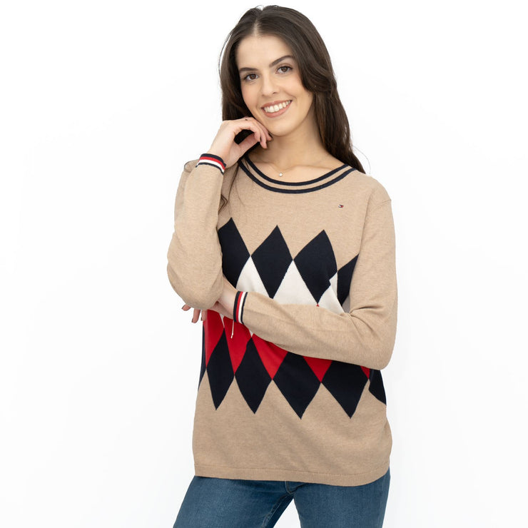 Lucy Argyle Jumper Beige Diamond Intarsia Long Sleeve Tops - Quality Brands Outlet