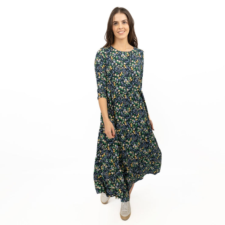 Seasalt Navy Floral Dress Tiered Line Strokes Midi Short Sleeve - Quality Brands Outlet