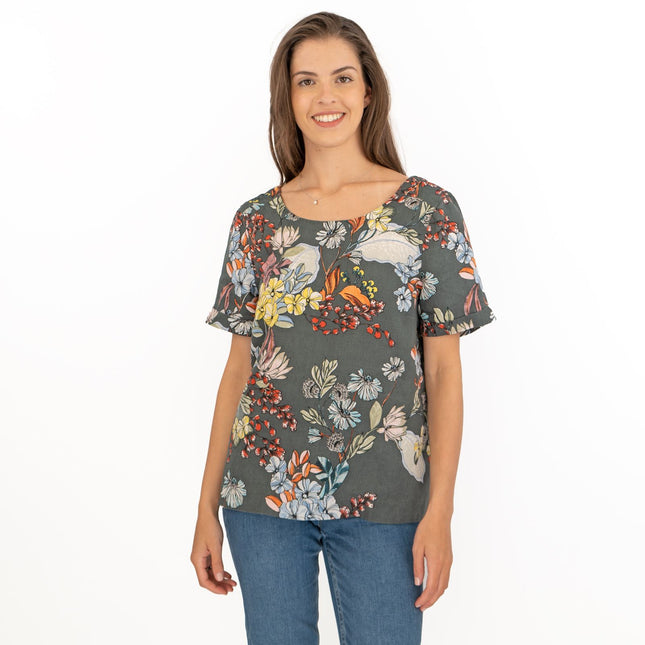 Seasalt Grey Floral Linen Blend Blouse Short Sleeve Tops-Quality Brands Outlet-