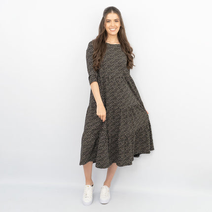 Seasalt Black Ditsy Cotton Strokes Jersey 3/4 Sleeves Knee Length Dresses