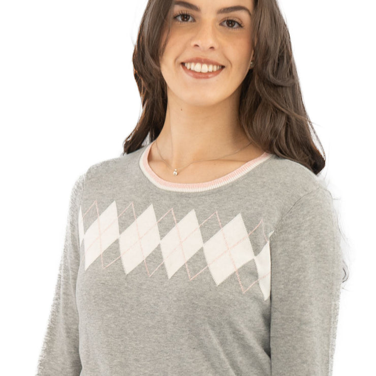 Lucy Argyle Jumper Grey Diamond Intarsia Long Sleeve Tops - Quality Brands Outlet