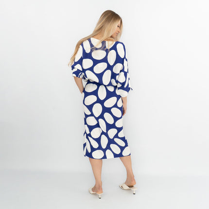 Jasper Conran Beau 3/4 Sleeve Blue Print Boat Neck Relaxed Fit Midi Dresses with Split and Pockets