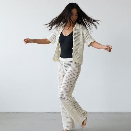 Crochet Knit Trousers Ivory Co-Ord Wide Leg-Quality Brands Outlet-