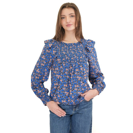 White Stuff Sylvie Top Blue Floral Print Elasticated Crew Neck Long Sleeve - Quality Brands Outlet