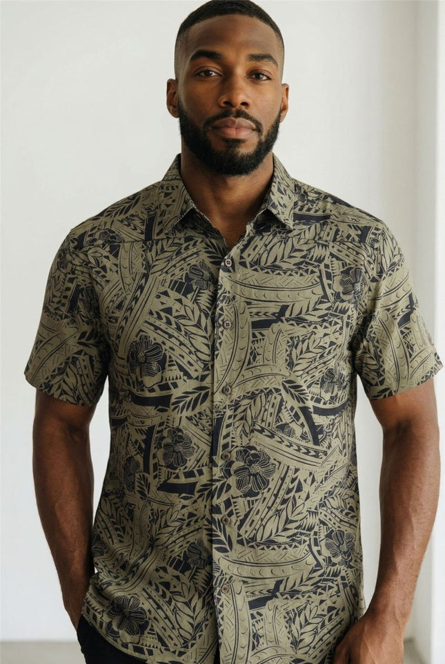 Mens Shirts Short Sleeve Cuban Collar Shirt Olive Green - Quality Brands Outlet