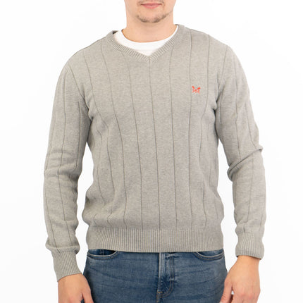 Crew Clothing Mens Jumper Light Grey V-Neck Ribbed Long Sleeve Organic Cotton