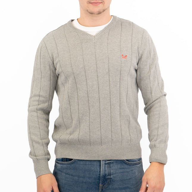 Crew Clothing Mens Jumper Light Grey V-Neck Ribbed Long Sleeve Organic Cotton-Quality Brands Outlet-