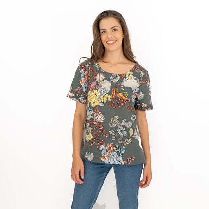 Seasalt Grey Floral Linen Blend Blouse Short Sleeve Tops-Quality Brands Outlet-