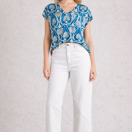 White Stuff Blue Iris Linen T-Shirt Blue V - Neck Short Sleeve Summer - Quality Brands Outlet