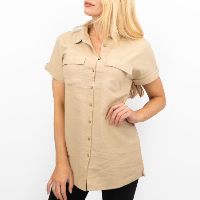 Womens Linen Tunic Beige Short Sleeve Shirts-Quality Brands Outlet-