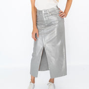 M&S Silver Denim Foil Shimmer Metallic Maxi Skirt Split - Quality Brands Outlet