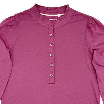 Boden Damson Pink Supersoft Frill Henley Top Cotton Modal Slim Fit - Quality Brands Outlet