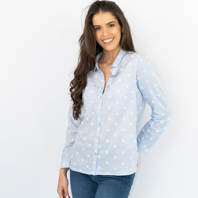 White Stuff Long Sleeve Relaxed Fit Button-Up Lightweight Cotton Blue Embroidered Shirts-Quality Brands Outlet-