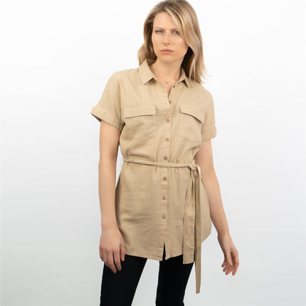 Beige Short Sleeve Longline Shirts Women's Utility Style Tops-Quality Brands Outlet-