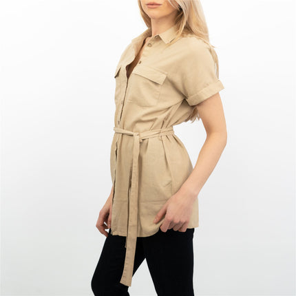 Beige Short Sleeve Longline Shirts Women's Utility Style Tops-Quality Brands Outlet-