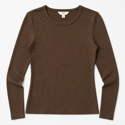 Womens Tops Cotton Rich Long Sleeve Ribbed – Brown