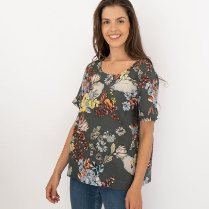 Seasalt Grey Floral Linen Blend Blouse Short Sleeve Tops-Quality Brands Outlet-