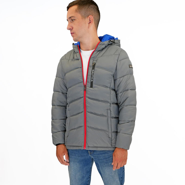 Nautica Mens Performance N83 Hooded Puffer Jacket Grey