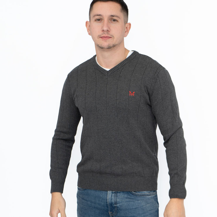 Crew Clothing Mens Jumper Dark Grey V-Neck Ribbed Long Sleeve Organic Cotton