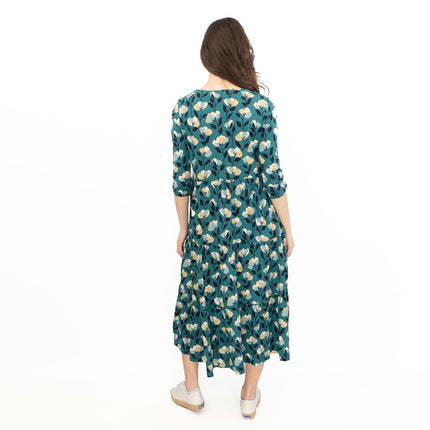 Seasalt Womens Green Floral Jersey Line Strokes 3/4 Sleeves Dress-Quality Brands Outlet-