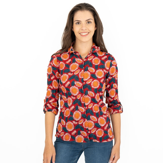 Seasalt Larissa Red Daisies Shirt Long Sleeve Cotton Button-Up Tops-Quality Brands Outlet-