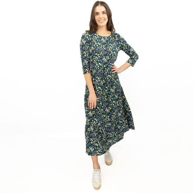 Seasalt Navy Floral Dress Tiered Line Strokes Midi Short Sleeve - Quality Brands Outlet