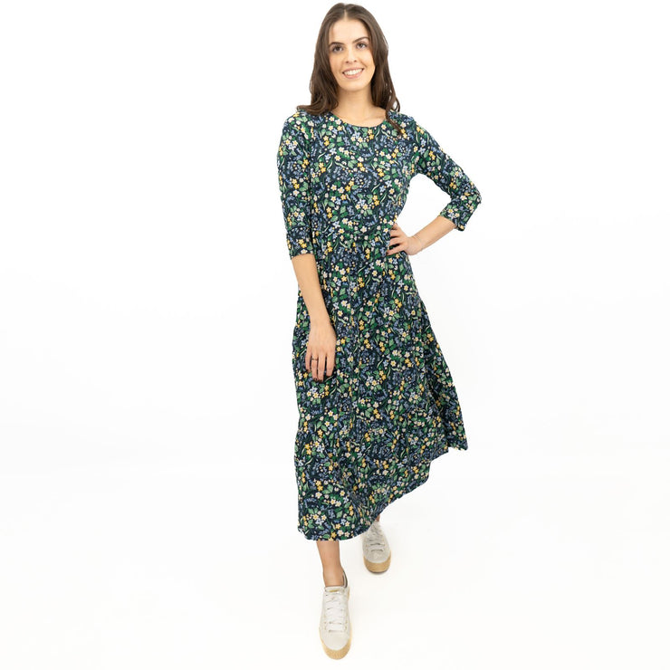 Seasalt Navy Floral Dress Tiered Line Strokes Midi Short Sleeve - Quality Brands Outlet