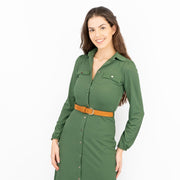 Oasis Ribbed Lightweight Long Sleeve Midi Length Green Shirt Dress