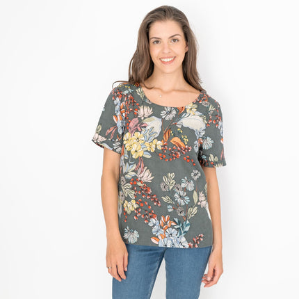 Seasalt Grey Floral Linen Blend Blouse Short Sleeve Tops-Quality Brands Outlet-