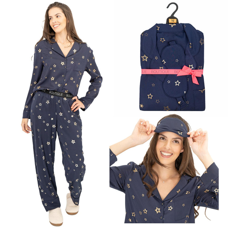 M&S Navy Star Print Long Sleeve Pyjama Set for Women Christmas PJs Loungewear Marks & Spencer - Quality Brands Outlet