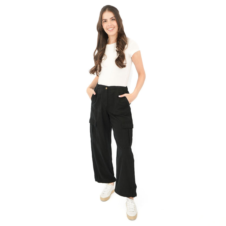 M&S Per Una Cargo Trousers Summer Linen Lyocell Blend Black Wide Leg with Drawstring - Quality Brands Outlet
