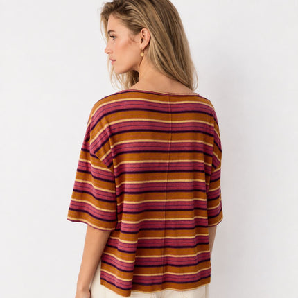 Brown Stripe Linen Modal Blend Scoop Neck T-Shirt