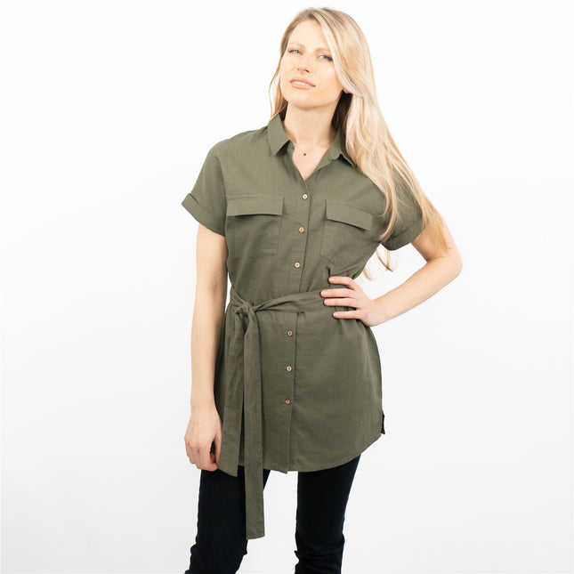 Khaki Green Short Sleeve Longline Shirts Utility Style Women's Tops-Quality Brands Outlet-