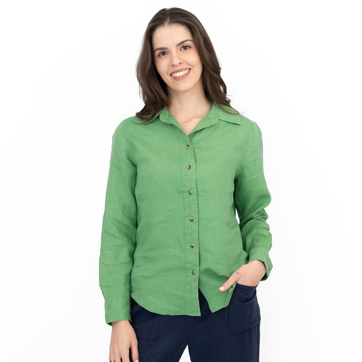 M&S Womens Oversized Green Pure Linen Collared Blouse