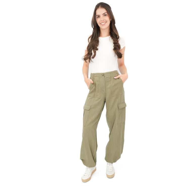 M&S Per Una Cargo Trousers Linen Lyocell Blend Khaki Green Wide Leg with Drawstring - Quality Brands Outlet