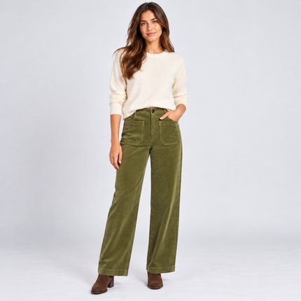 Womens Wide Leg Cord Trousers - Olive Green