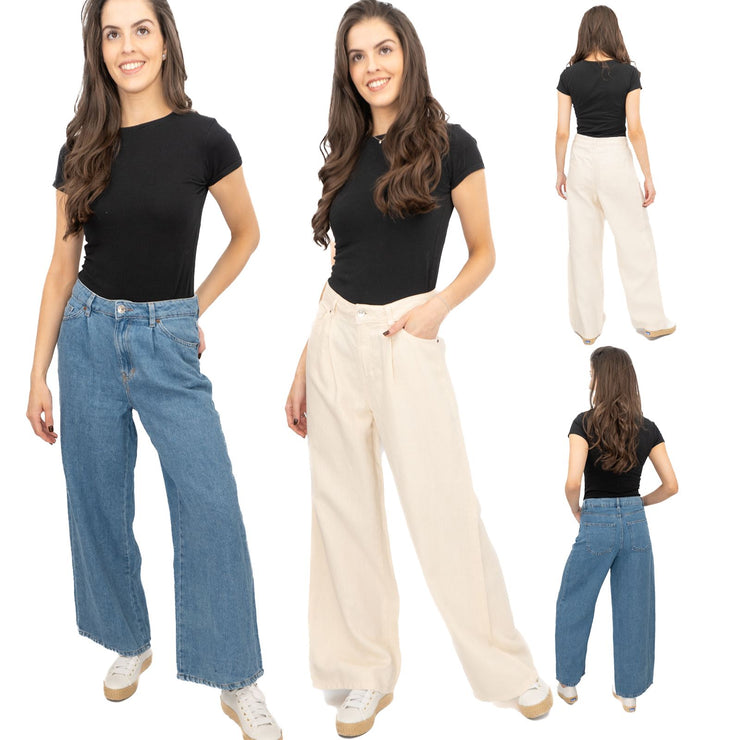 M&S Linen Blend Denim Wide Leg Trousers Cream