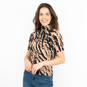 Karen Millen Brown Abstract Print Short Sleeve High Neck Tops