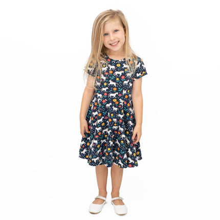 Frugi Baby Girls Dress Skater Indigo Navy Wild Horses Pretty Cotton Short Sleeve - Quality Brands Outlet