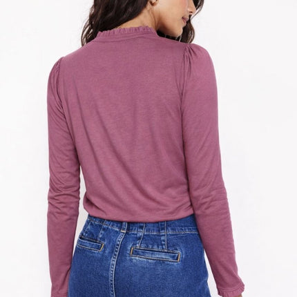 Boden Damson Pink Supersoft Frill Henley Top Cotton Modal Slim Fit - Quality Brands Outlet