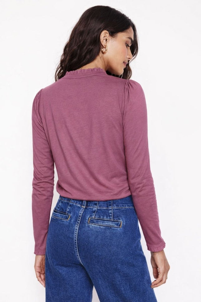 Boden Damson Pink Supersoft Frill Henley Top Cotton Modal Slim Fit - Quality Brands Outlet