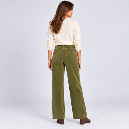 Womens Wide Leg Cord Trousers - Olive Green