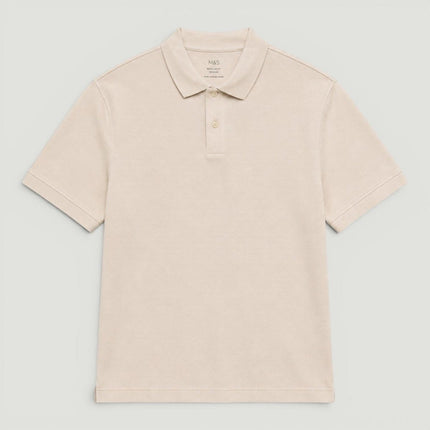 M&S Stone Pure Cotton Garment Dyed Polo Shirt Relaxed Fit-Quality Brands Outlet-